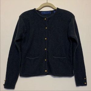 Karen Scott Vintage Grey Wool Button Front Cardigan with Gold Details